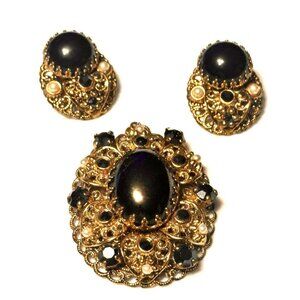 WEST GERMANY BLACK HEMATITE PEARL GOLD FILIGREE PENDANT & CLIP ON EARRINGS SET